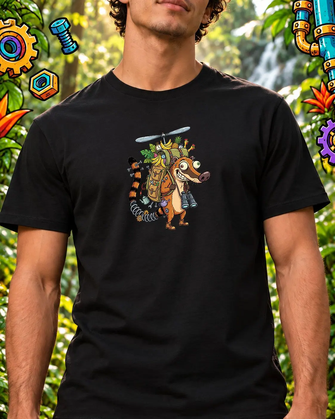 Camiseta negra con engranajes2 y selva